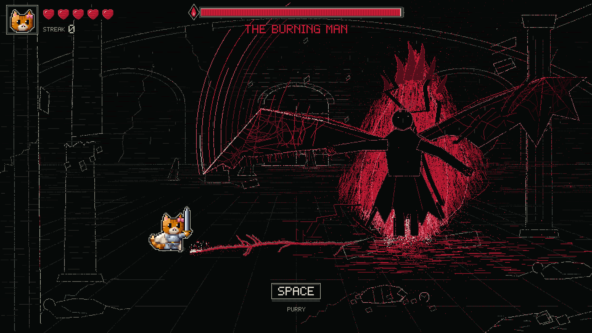 The knight cat faces The Burning Man as it swings a wing; red cracks run across the floor.